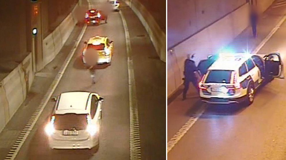 Övervakningsbilder från Björktunneln vid Gullmarsplan i Stockholm med bilar och polisbilar efter att en man skjutits till döds.