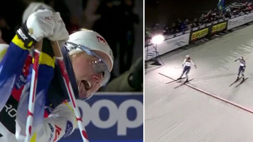 Tvådelad bild. Vänster: Skidåkare i närbild jublar. Höger: Skidåkare vid mållinje i kvällsljus.