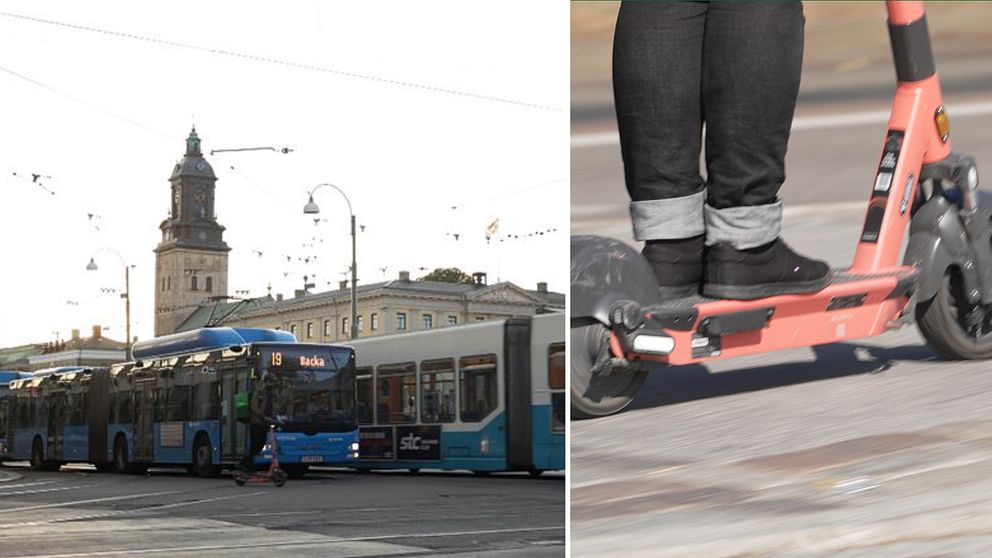 Bilden är delad i två sektioner. Den vänstra sektionen visar en stadsbild med flera blå och vita bussar som står parkerade vid en hållplats, med en klocktorn i bakgrunden. Den högra sektionen fokuserar på en närbild av en person som står på en elektrisk sparkcykel, med fötterna placerade på sparkcykeln.