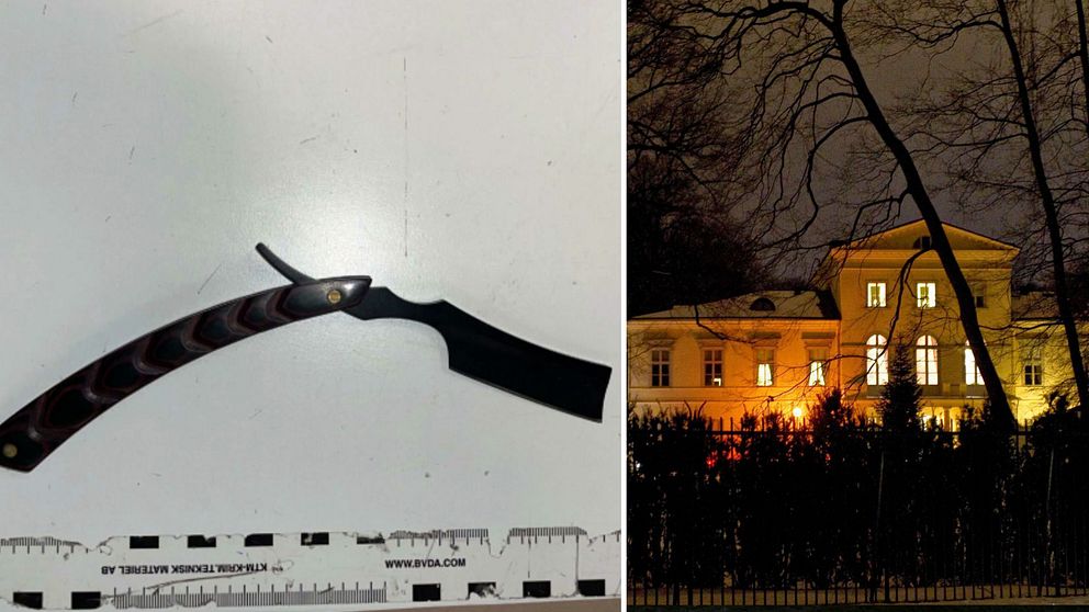 Tvådelad bild. Till vänster: kniv. Till höger: Kronprinsessans residens i Hagaparken i Stockholm i mörker.