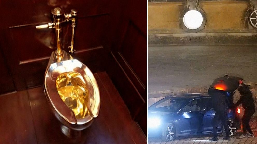 Tvådelad bild. Vänster: Toalett i guld. Höger: Person under paraply, lutar sig mot en bil.