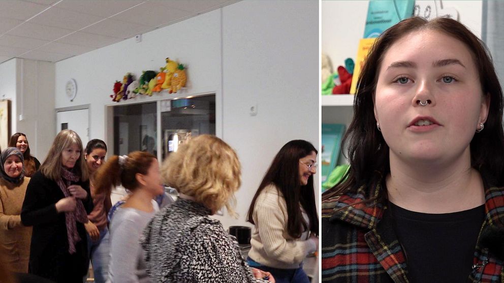 Bilden är en delad bild. Den första sektionen visar en grupp av människor som går i en korridor inomhus, möjligvis på en skola eller ett kontor, medan den andra sektionen visar en person i närbild, stående framför en hylla med färgglada leksaker eller figurer.