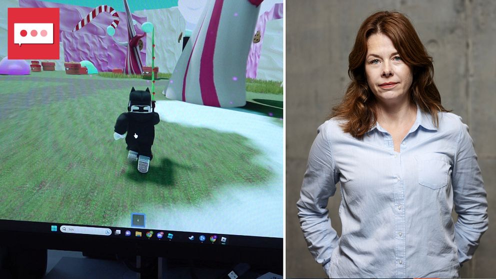 Bilden är delad i två sektioner. Till vänster visas en datorskärm med ett videospel  en färgglad, tecknad miljö. Till höger står en person i en ljusblå skjorta med armarna i sidorna.