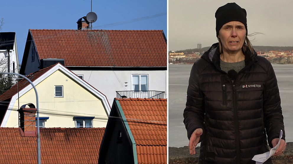 Bild på hus till vänster samt reporter Sara Leijman till höer, iklädd SVT-jacka.