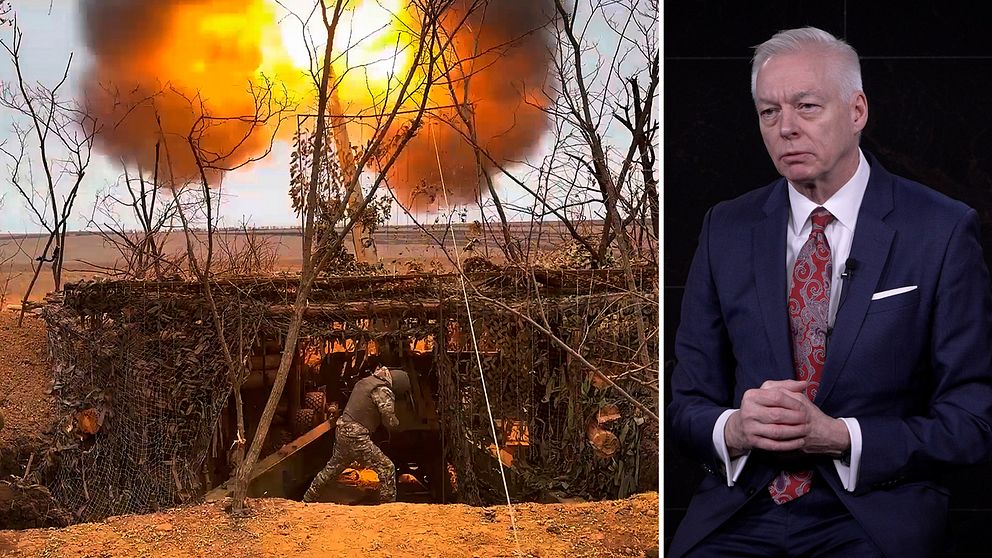 Till vänster: En rysk Giatsint-b skjuter mot ukrainska positioner på en okänd plats i Ukraina. Till höger: Joakim Paasikivi