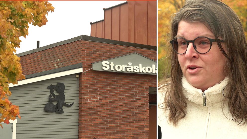 ALT-text: En delad bild som visar på vänster sida byggnaden av Storåskolan, en tegelbyggnad med en stiliserad svart figur vid entrén. På höger sida syns en person med långt, brunt hår som står utomhus omgiven av höstträd med färgglada blad.