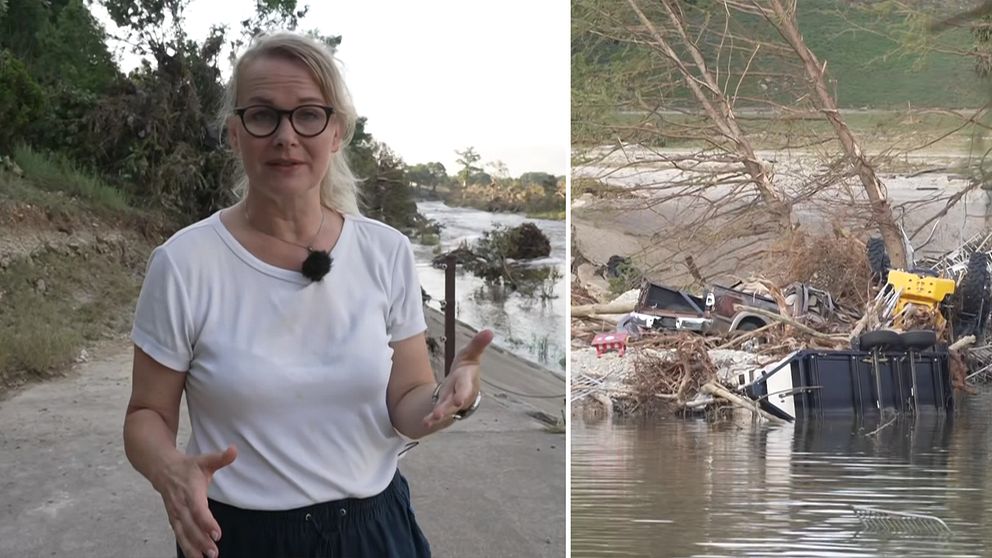 Reporter vid översvämmad flod, bild på bråte och förstörda fordon i vattnet.