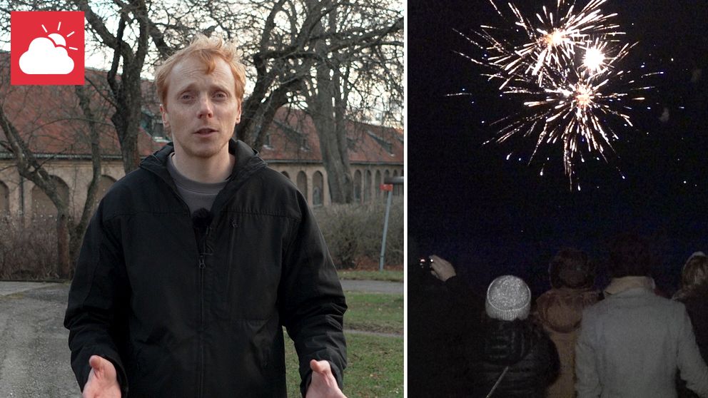 En delad bild som visar två scener. Den vänstra sidan visar meteorologen Marcus Sjöstedt. Den högra sidan visar fyverkerier.