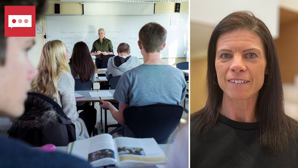 Kollage: Till vänster klassrum med gymnasieelever, till höger Anna Asp som är studie- och yrkesvägledare i Östersund.