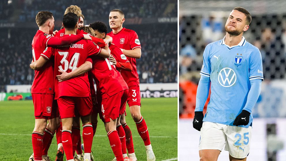 En delad bild som visar två scener från en fotbollsmatch. Till vänster firar spelare från ett lag efter ett mål, omgivna av entusiasmerade supportrar. Till höger står en spelare i en blå tröja med ett besviket uttryck, troligen efter en missad möjlighet eller ett baklängesmål.