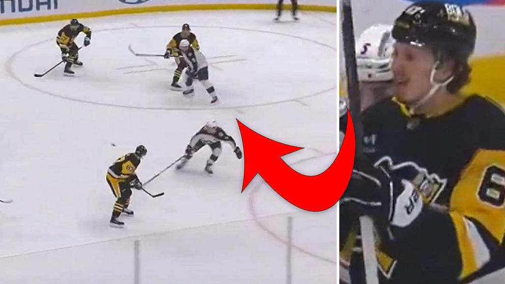 Delad bild. Vänster: hockeyspelare i spel. Höger: Pittsburgh-spelare i gultröja.