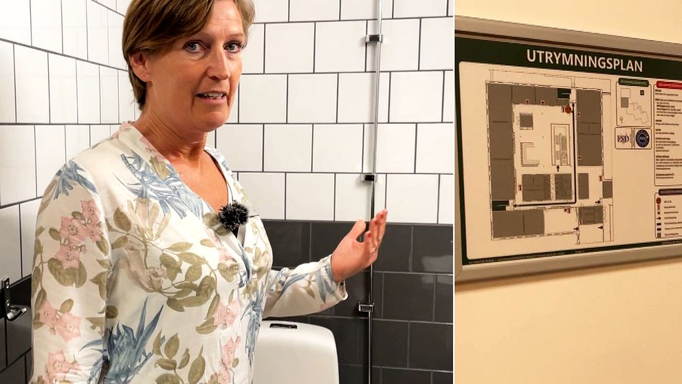 Rektor står inne på toalett på Hedda Anderssongymnasiet och visar brandlarm