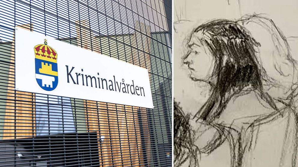 Skylt på kriminalvården och teckning av den 21-åriga kvinnan som dömts för mordet på Tove i Vetlanda.