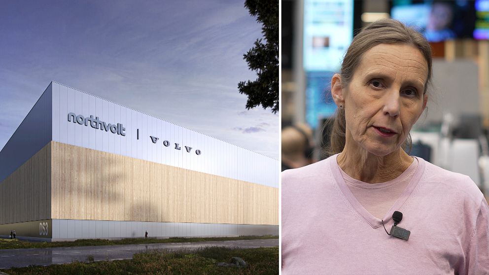 Till vänster: Modell av fabrik, blå och beige, med texterna Northvolt och Volvo mot en blå himmel.
