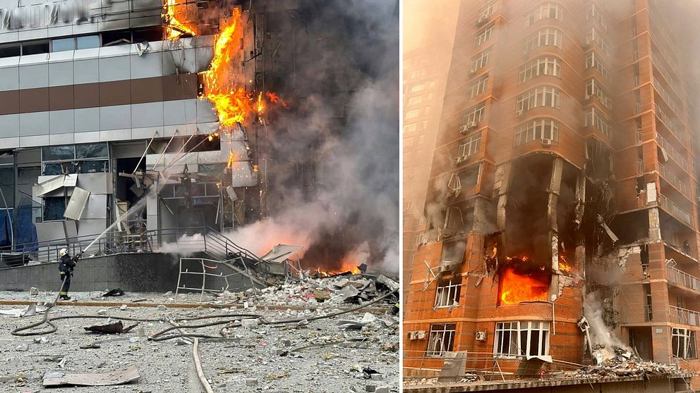 Flera byggnader i ukrainska städer har träffats av rysk eld.
