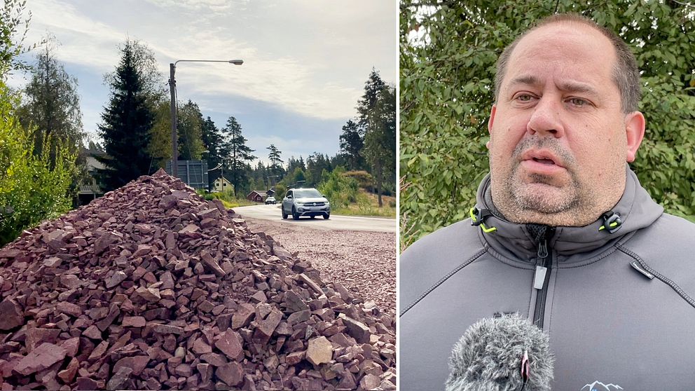 Delad bild – till höger en bild på en grushög intill en väg där en bil passerar, till höger en bild på en man med grå tröja.