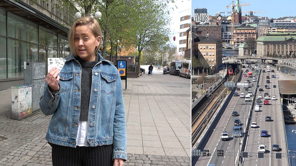 en kvinna i jeansjacka håller upp mediciner, bild på en stor väg i central Stockholm