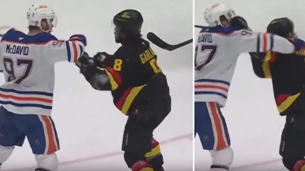 TVÅDELAD BILD: Vänster sektion visar en ishockeyspelare, Connor McDavid, i en vit och blå tröja, som håller i axeln på en motståndare, medan höger sektion visar samma spelare, men med mer närbild av en slå-detta-scen där McDavid försöker försvara sig mot en tackling från Gabin (nummer 8) som bär en svart och guldtröja.
