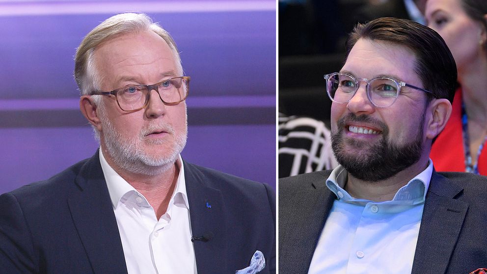 Tvådelad bild. Till vänster Liberalernas partiledare Johan Pehrson som gästar SVT:s program 30 minuter, till höger Sverigedemokraternas partiledare Jimmie Åkesson.