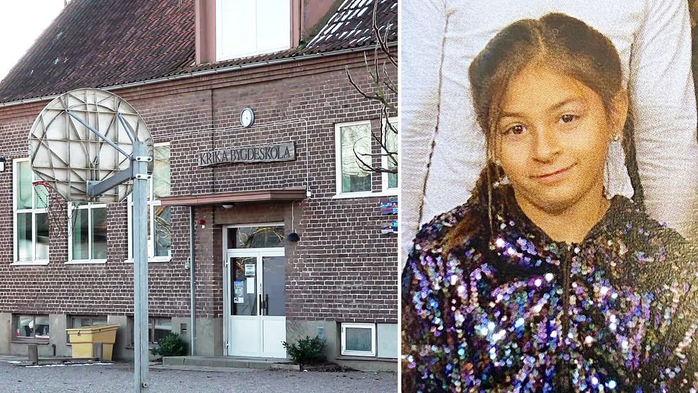 Tvådelad bild. Vänster: Krika Bygdeskola utanför Klippan som består av en röd tegelbyggnad. Höger: Emilia i mörkt hår i paljetthoodie.
