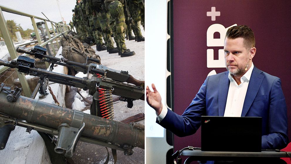 Till vänster en genrebild på vapen i svenska försvaret. Till höger en bild på affärsmannen Lars Wingefors.