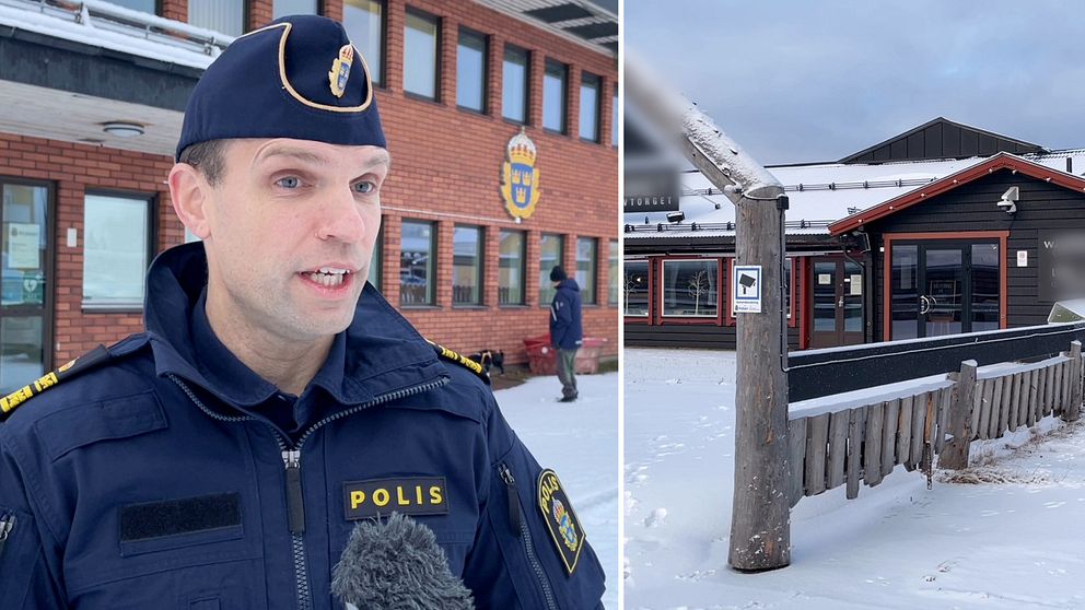 En delad bild som visar en polis utanför en byggnad märkt med polisens emblem till vänster och en bild som visar en restaurang i Sälen till höger, där byggnaden och marken är täckt av ett tunt lager snö. Vid entrén till restaurangen sitter en skylt som informerar om att området kameraövervakas.