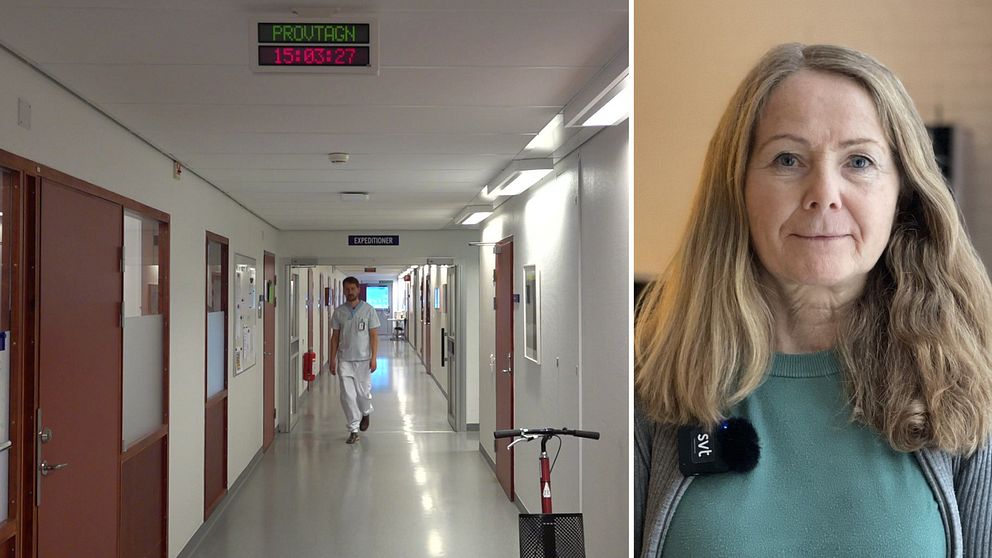 En korridor på sjukhuset där en läkare går, en kvinna med grön tröja