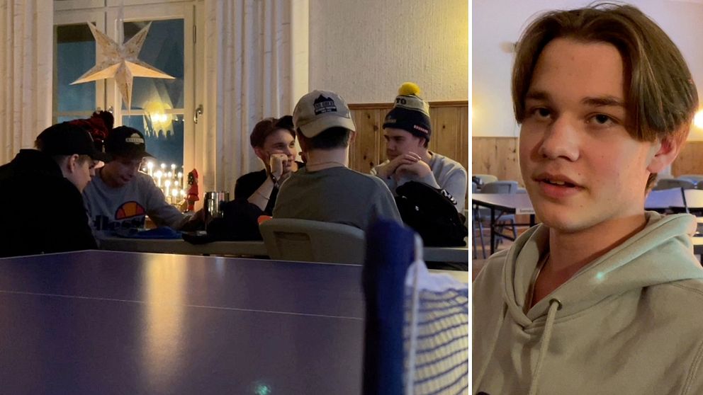 Delad bild – till vänster några unga killar i huvtröjor som sitter vid ett bord, till höger en bild på en kille med page och grå huvtröja.