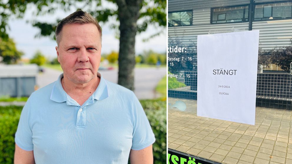 Till vänster står en person i ljusblå tröja utomhus framför en grönskande miljö. Till höger ett A4-papper fäst på en dörr med texten ”STÄNGT” samt information om öppettider.