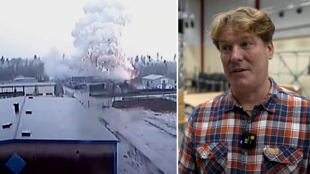 En delad bild som visar en explosion i en industriell miljö till vänster, där rök och eld stiger i luften, och en intervju med en person till höger i en inomhusmiljö, klädd i en rutmönstrad skjorta.
