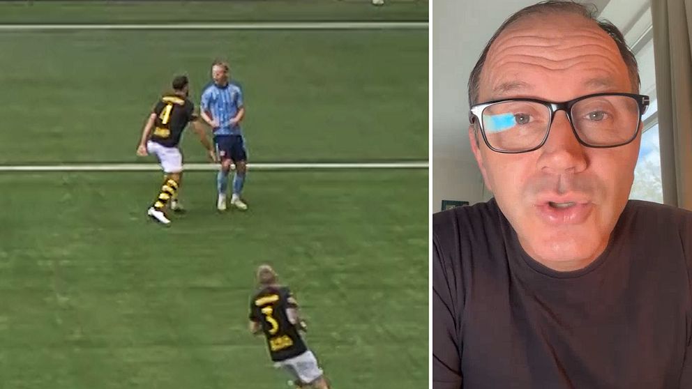 Delad bild. Till vänster: fotbollsspelare på plan under match. Till höger: person inomhus.