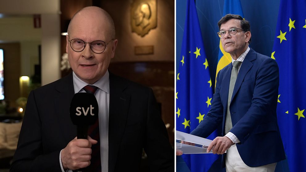 En delad bild som visar två olika scener: till vänster står en reporter med en mikrofon från SVT i en inomhusmiljö, och till höger visas en person som håller ett dokument framför en EU-flagg bakom en podium.