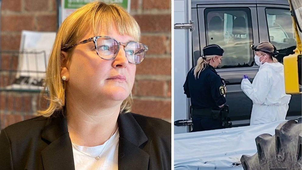 Till vänster åklagaren Christina Edlund Nilsson, till höger syns en polis och en tekniker som står vid en bil och pratar.