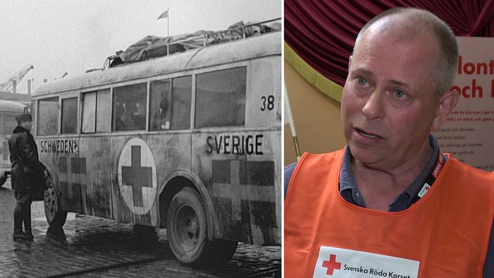 Delad bild. Till vänster: historisk svensk rödakorsbuss. Till höger: person i rödakorsväst.