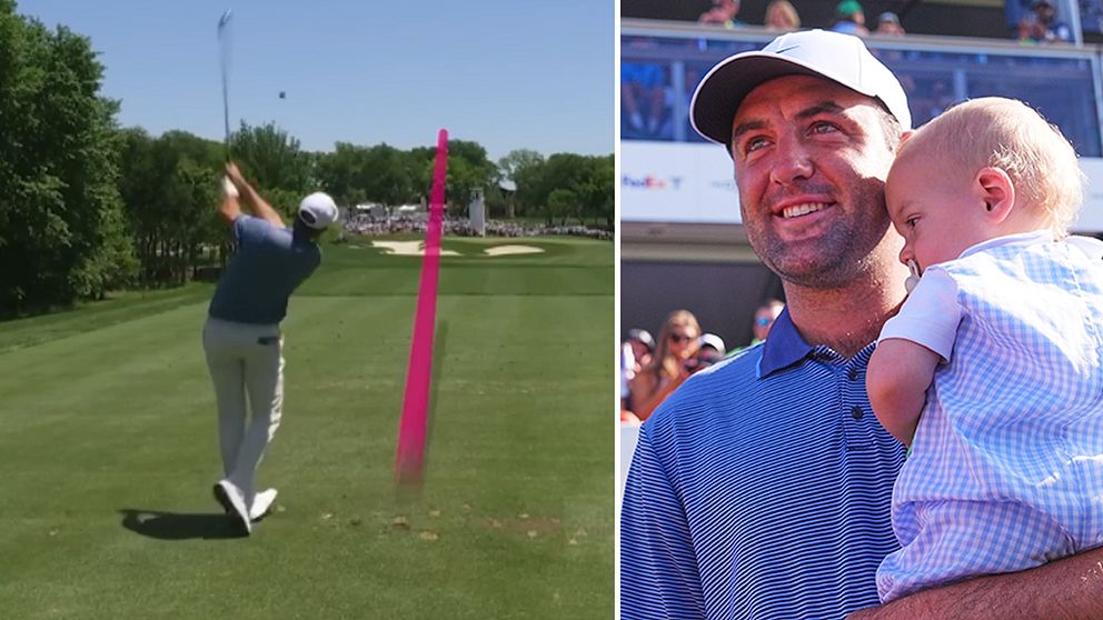 Delad bild. Vänster: golfspelare slår ut på bana. Höger: person håller ett litet barn.