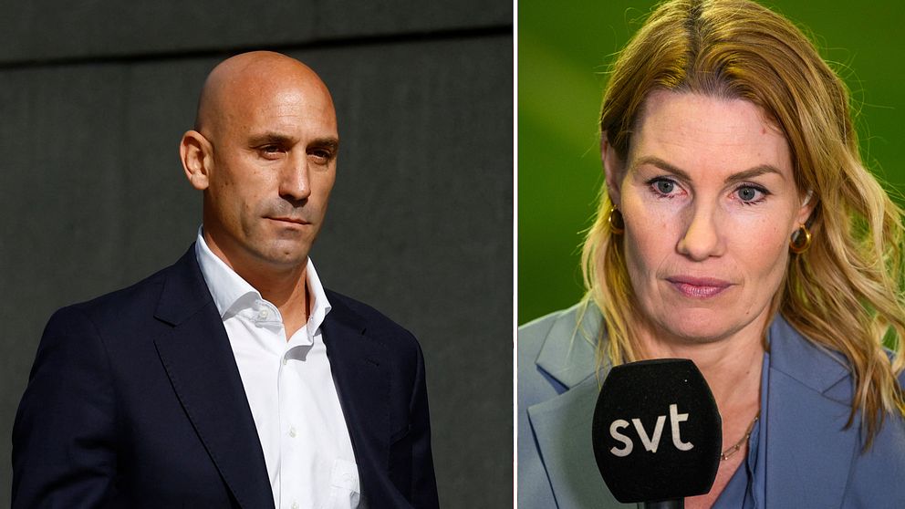 Dubbelsidig bild. Vänster: man i kostym. Höger: kvinna med SVT-mikrofon.