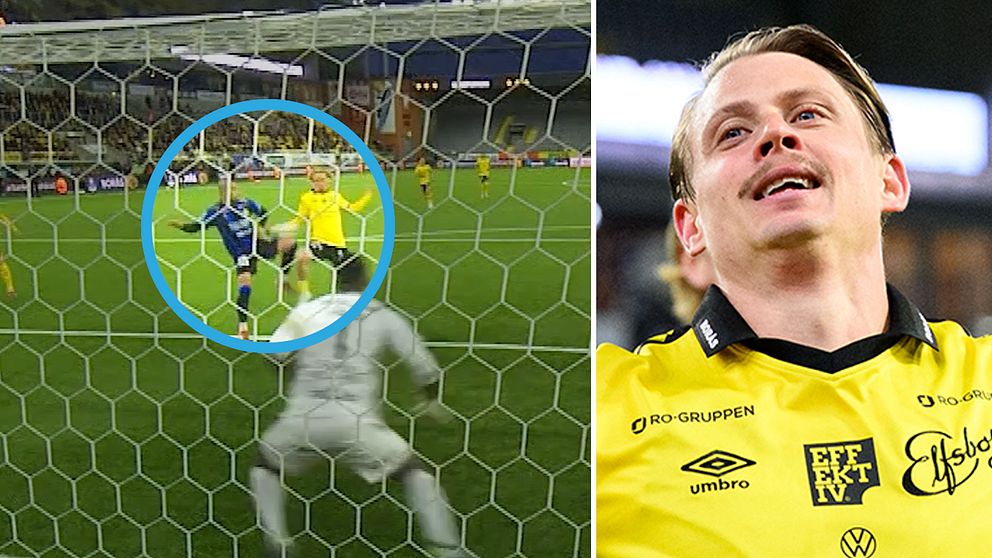 Delad bild. Till vänster: straffsituation i fotboll. Till höger: spelare i gul matchtröja.