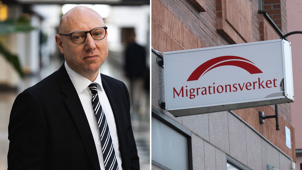 Tvådela bild på dels Migrationsverkets presschef Jesper Tengroth och dels skylt med Migrationsverkets skylt på fasad.