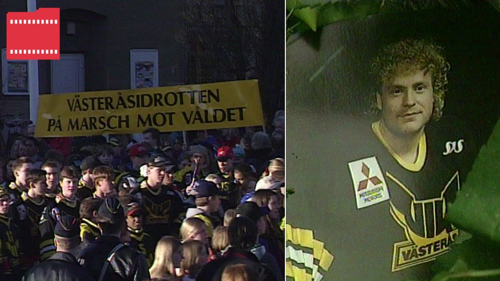 Tvådelad bild. Vänster: folkmassa marscherar mot våld. Höger: Västergårdens IF tröja.