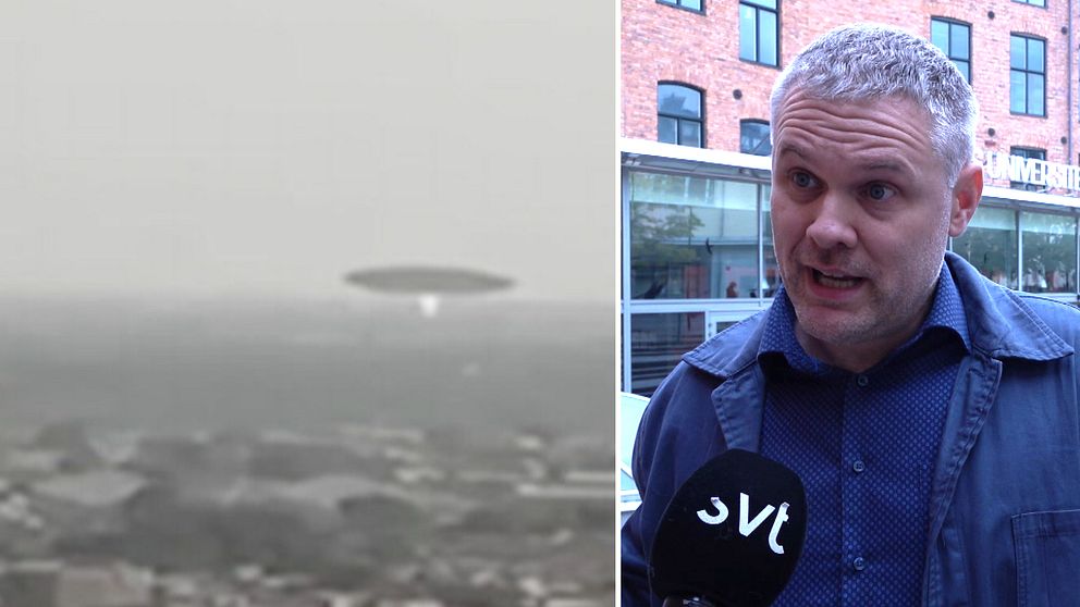 En delad bild som visar två sektioner. Den vänstra sektionen visar ett oidentifierat flygande objekt (UFO) svävande över en landskapsvy i dimmigt väder. Den högra sektionen visar en professor som intervjuas utanför Linköpings universitet.