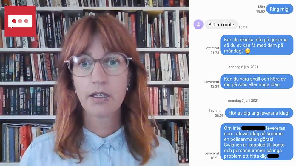 kvinna med glasögon och bild på smskonversation