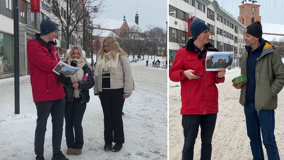 Reportern håller i en bild med Bolaget i ena handet, och står och intervjuar flera personer