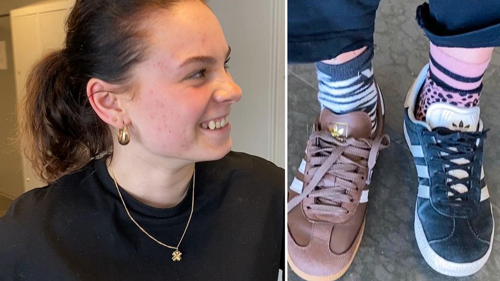 Tvådelad bild. Vänster: Person med hästsvans och örhänge. Höger: Två fötter med olika skor.