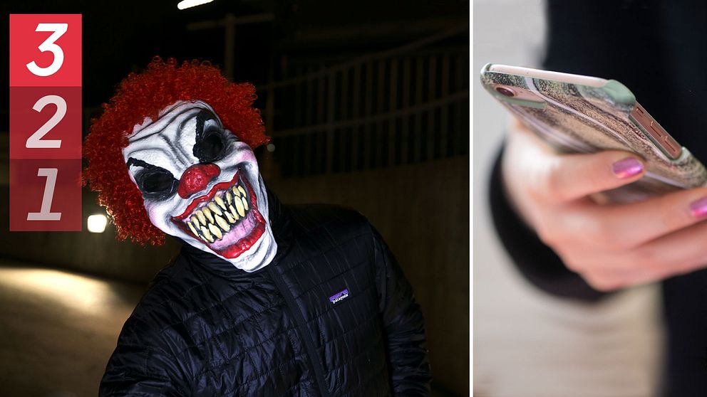 En person med  clownmask som tiltar huvudet till vänster, en hand som håller i en mobiltelefon till höger.