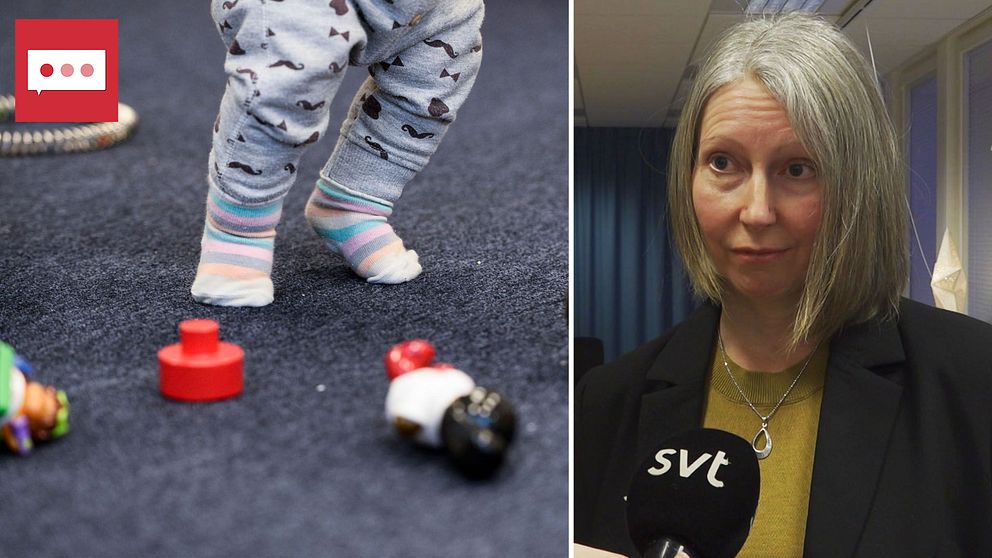 Barn och leksaker. Till höger kvinna som intervjuas.