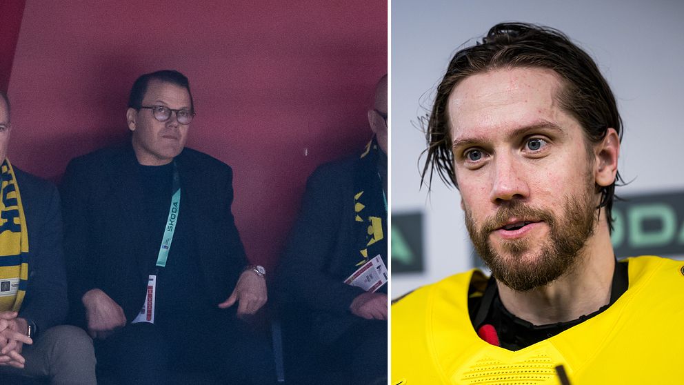 Delad bild. Till vänster: personer på läktare med matchhalsdukar. Till höger: fotbollsspelare.