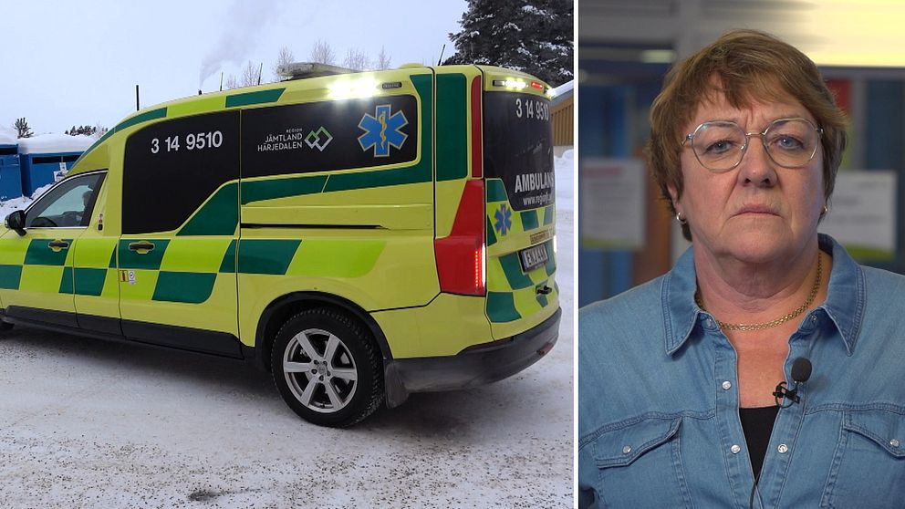 Till vänster står en ambulans i Härjedalen utomhus på vintern. Till höger är en bild på Britt-Marie Stolth, som är ambulanschef i Region Jämtland Härjedalen.i