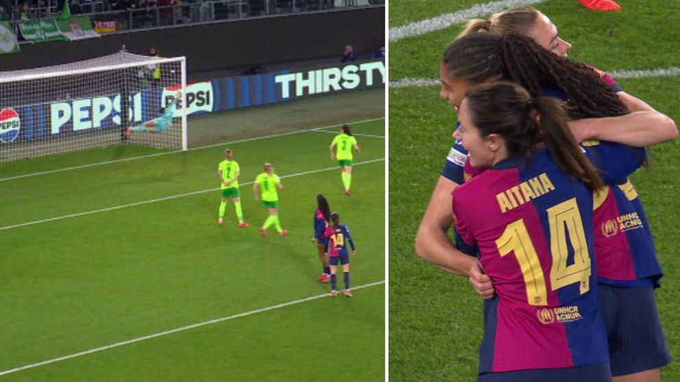 Tvådelad bild. Vänster: Fotbollsmatch, boll nära mål. Höger: Firande Barcelona-spelare.