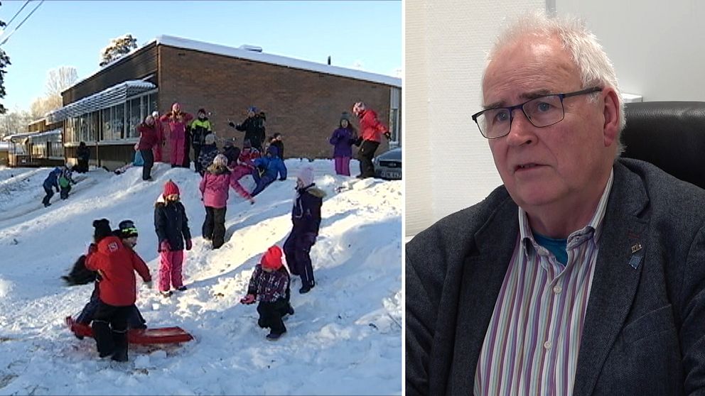 Tvådelad bild med lekande barn i snön framför en skola till vänster och en äldre man i kostym till höger.