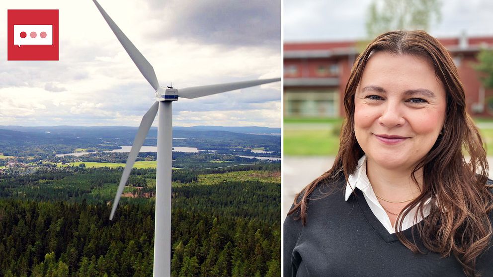 Ett vindkraftverk och en porträttbild av Blerta Krenzi (S), kommunalråd i Avesta.